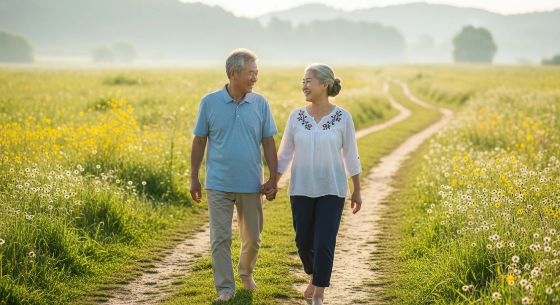 건강한 맨발걷기를 즐기는 한국인 부부, 자연 속 산책