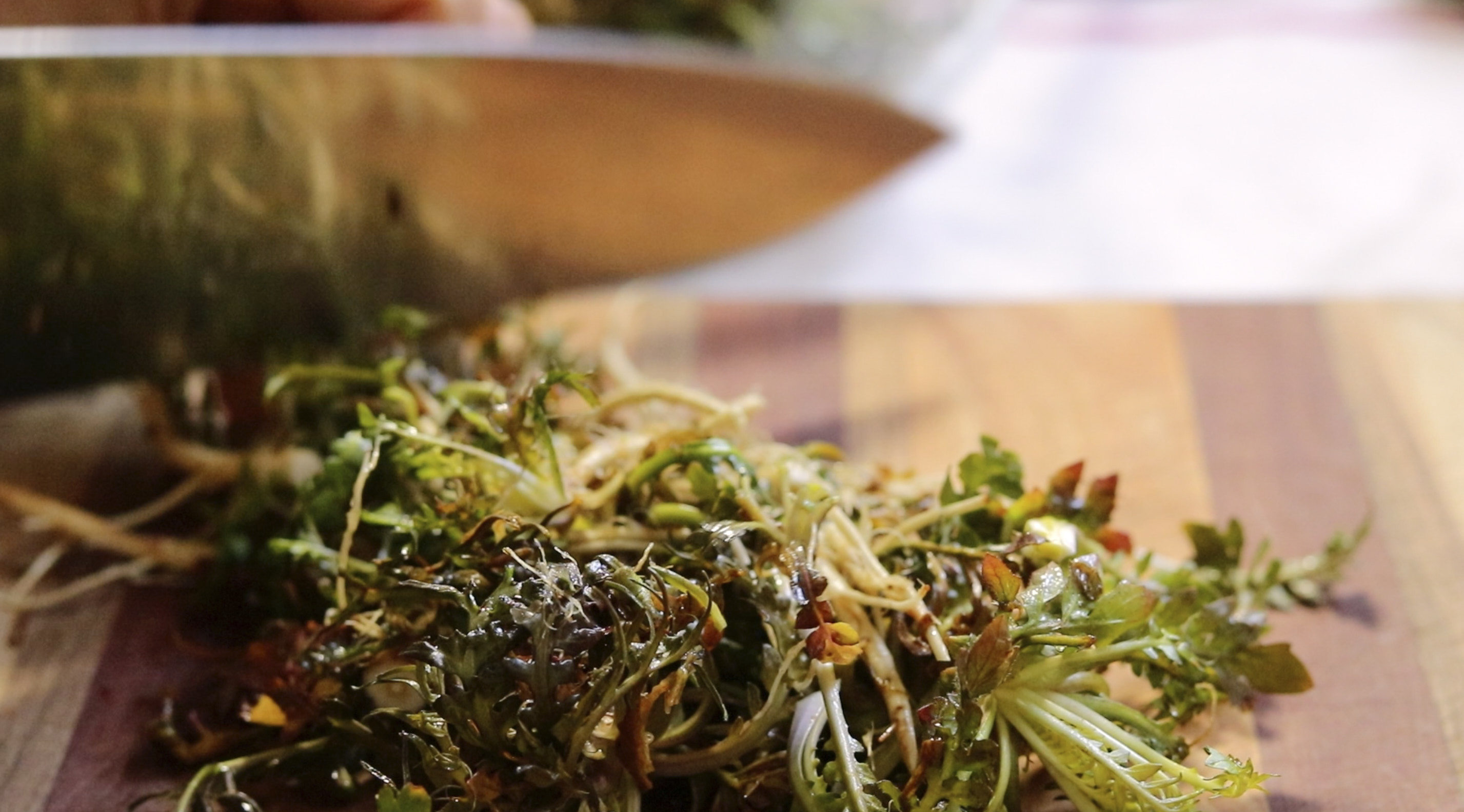 냉이를 먹기 좋게 칼로 잘라준다