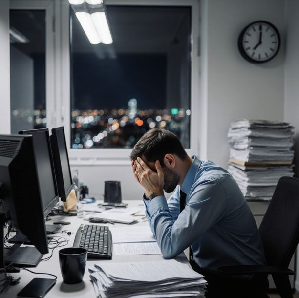 늦은 밤 사무실 책상에서 컴퓨터 앞에 앉아 머리를 손으로 감싸고 있는 직장인의 모습