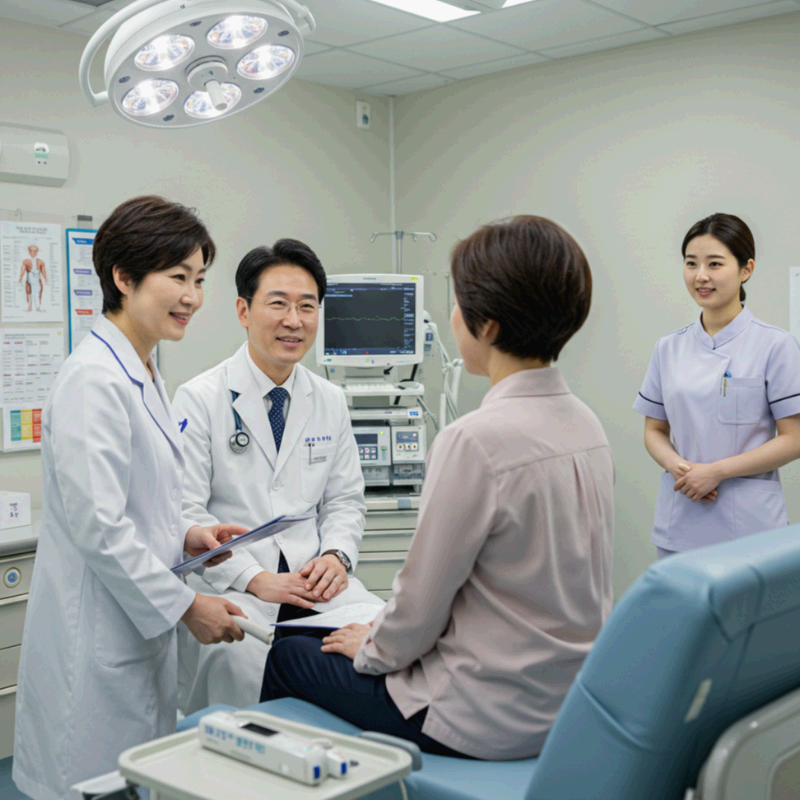 병원 진료실에서 환자가 의자에 앉아 두 명의 의사와 상담을 하고 있으며, 옆에는 간호사가 함께 있는 장면입니다. 환자는 차분한 태도로 의료진의 설명을 듣고 있고, 의사들은 친절한 표정으로 자료를 보여주며 치료 방향을 안내하고 있습니다. 진료실 내부에는 모니터와 의료 장비들이 배치되어 있어 전문적인 상담 환경임을 보여줍니다.