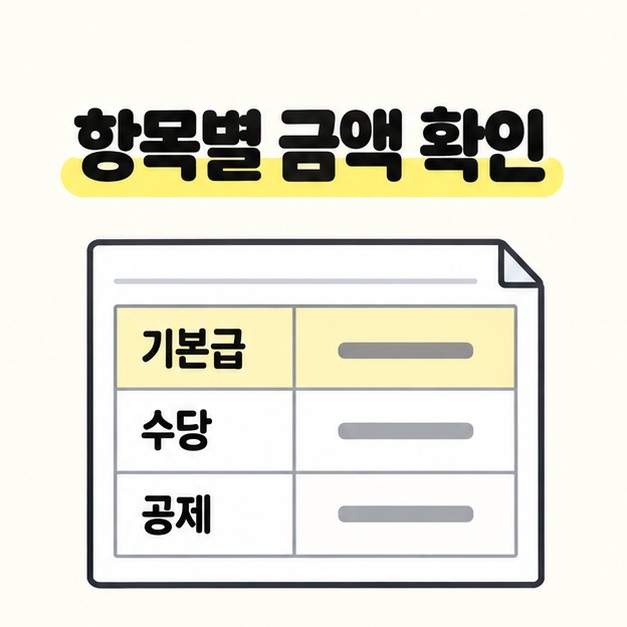 항목별 금액 확인 제목 아래 기본급, 수당, 공제 항목을 세 행으로 표시하고 기본급 행을 노란색으로 강조한 명세서 그림