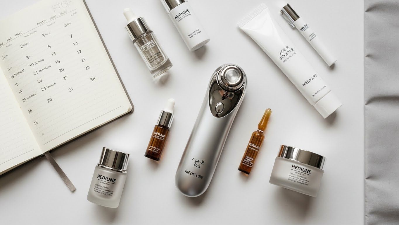 세련되고 현대적인 뷰티 디바이스(메디큐브 에이지-알 부스터 프로)가 세럼, 앰플, 모이스처라이저 등 다양한 우아한 스킨케어 제품 사이에 깔끔하게 배치되어 있습니다.