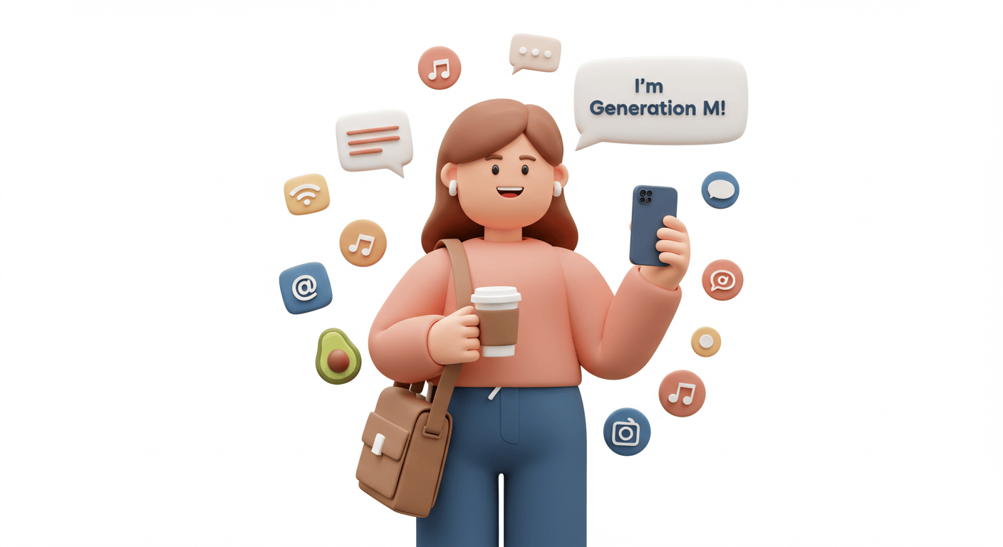 M세대의 특성을 나타내는 3D 캐릭터가 "I'm Generation M!"이라고 말하는 모습