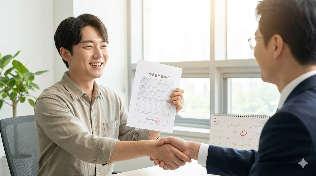 산재 전문 노무사와 상담 후 산재 승인 통지서를 들고 환하게 웃으며 악수하는 직장인의 모습