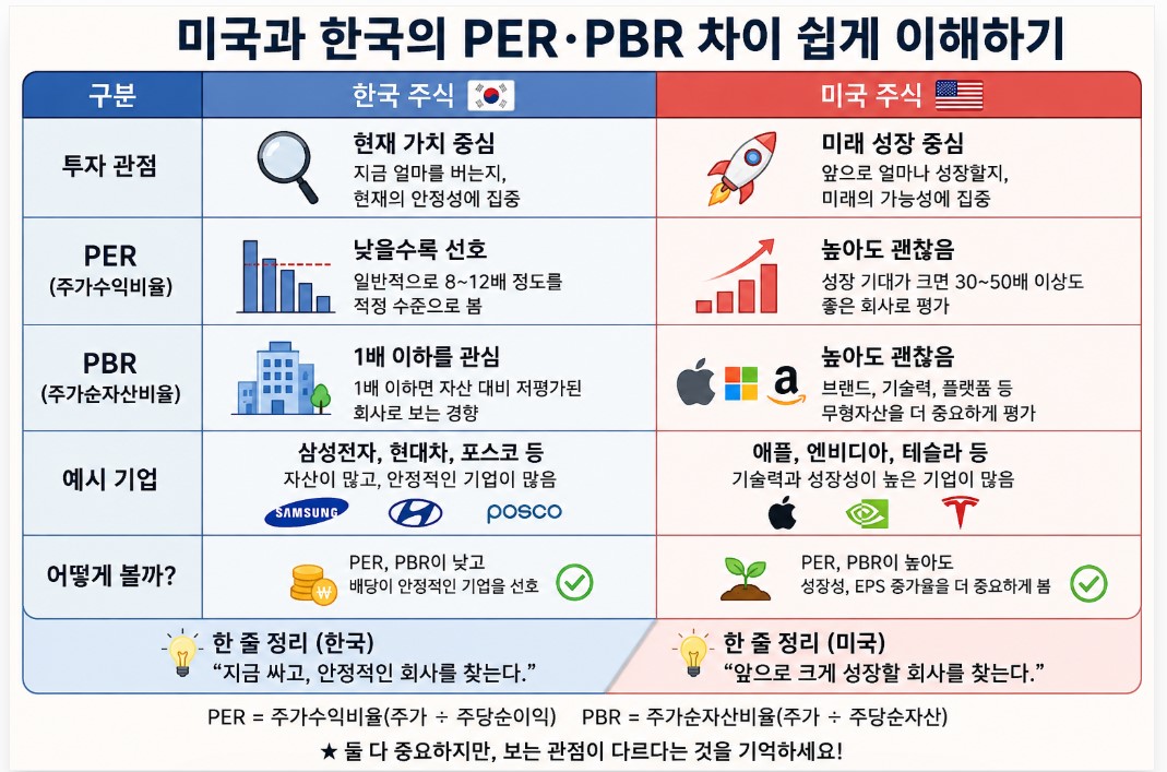한국과 미국의 PER과 PBR비교