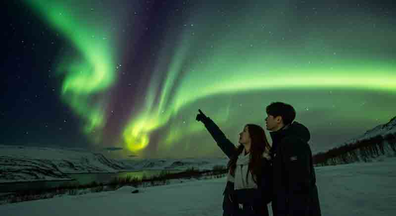 아이슬란드에서 젊은 남여가 오로라를 바라보고 있는 장면