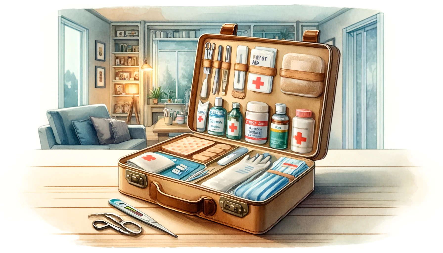 응급처치 키트가 테이블 위에 펼쳐져 있는 수채화 스타일의 일러스트, 붕대, 가위, 체온계, 연고 등이 정리되어 있으며 따뜻한 가정 인테리어 배경이 함께 묘사됨.