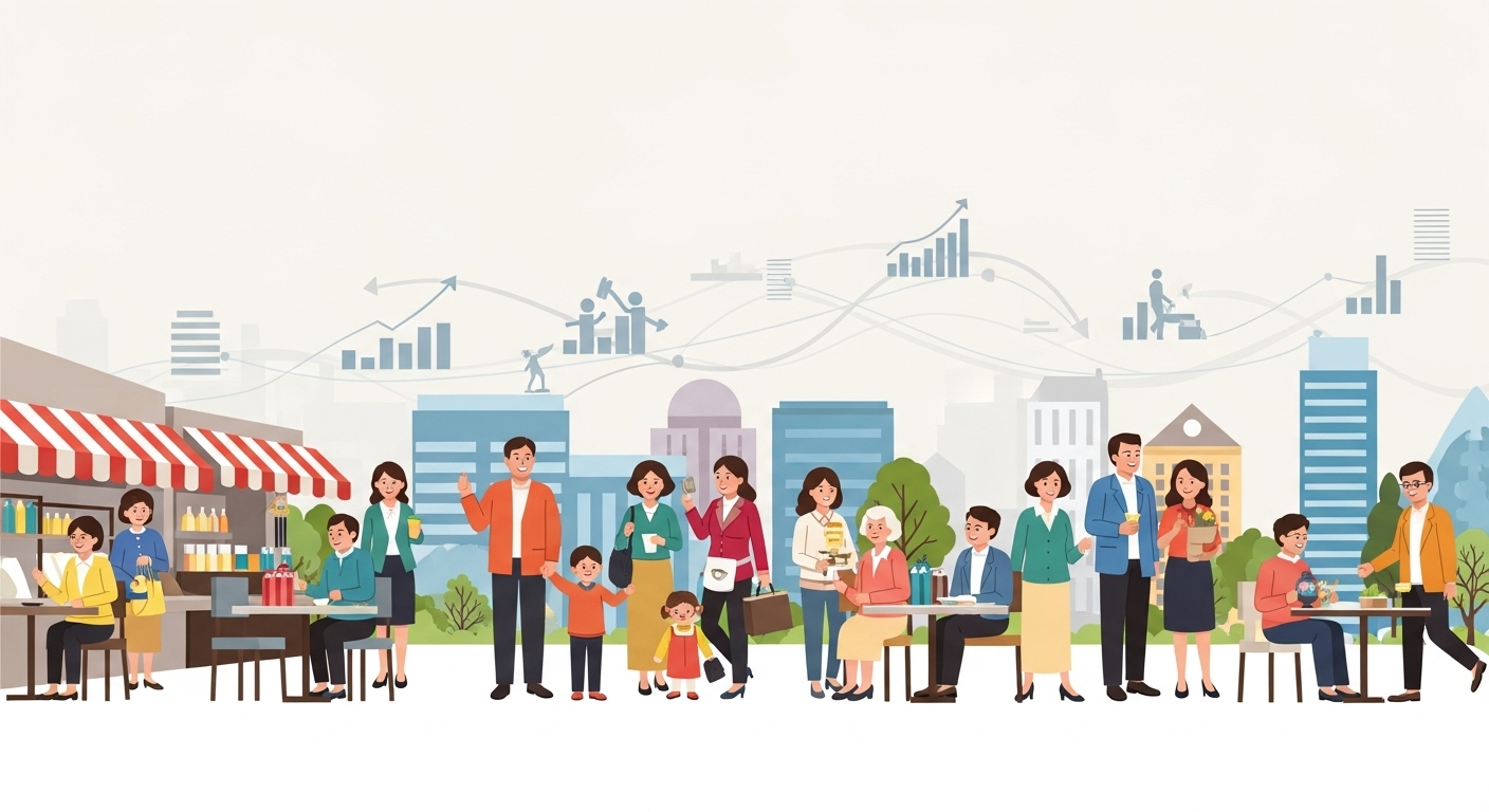 사람들이 여가를 즐기며 소비를 하는 모습과 경제 성장을 상징하는 이미지를 통해 공휴일 증가의 긍정적인 효과를 보여주는 그림