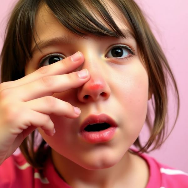 여자아이가 코가 가려워서 코를 긁고 있다.