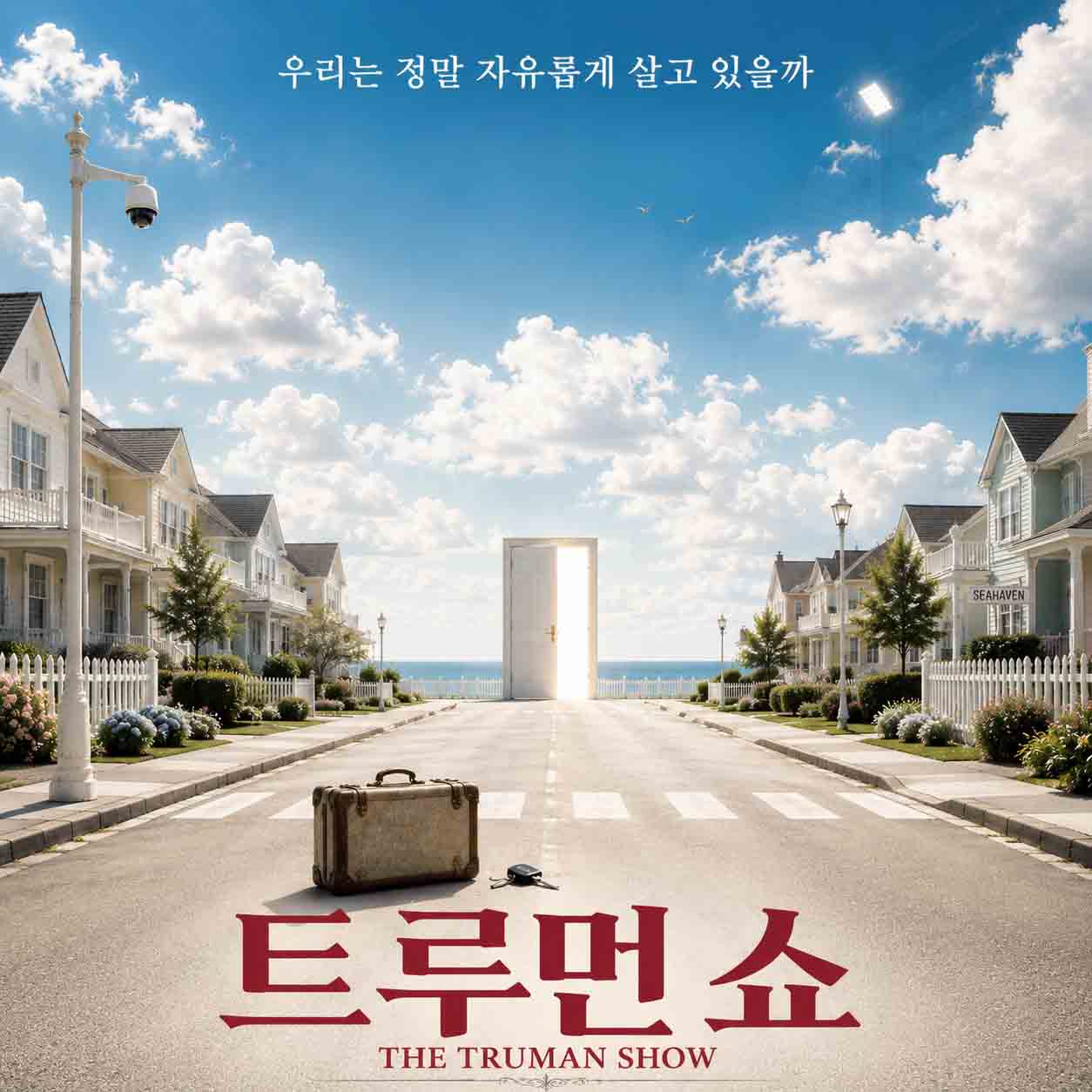 트루먼 쇼 영화를 나타내는 이미지, 파란 하늘과 하얀 구름 아래 평화로운 주택가 도로 중앙에 여행 가방과 바다로 이어지는 문이 보이는 장면