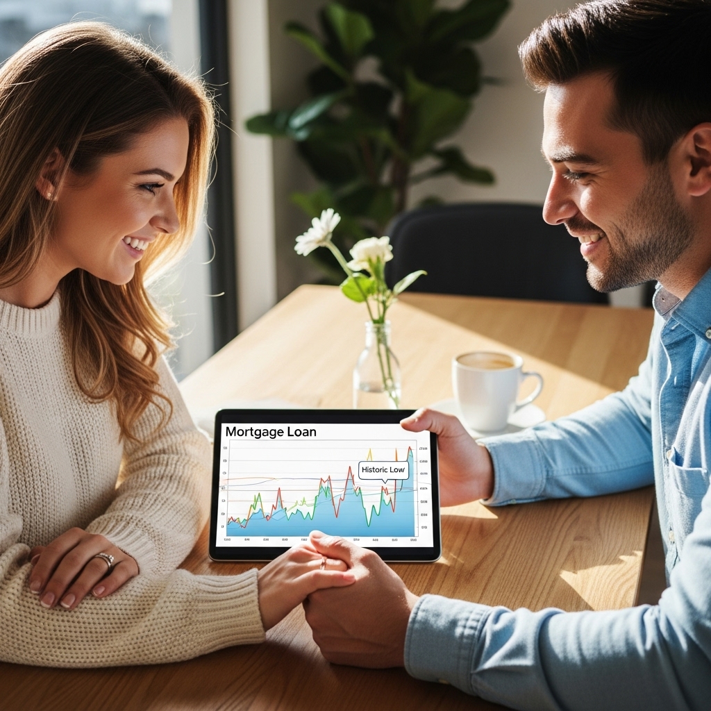 환하게 웃으며 손을 잡고 있는 신혼부부가 태블릿으로 전세자금대출 금리 그래프를 확인하는 모습