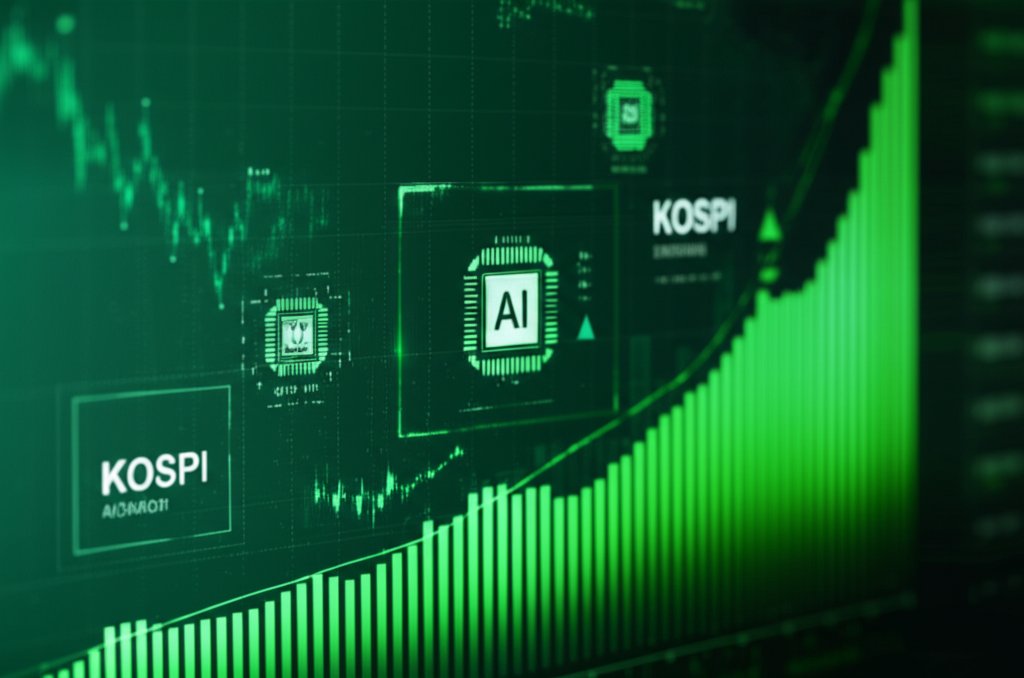 반도체와 AI 성장으로 상승하는 코스피 지수 금융 대시보드, 매거진 에디토리얼 스타일, 고급스러운 화보 느낌