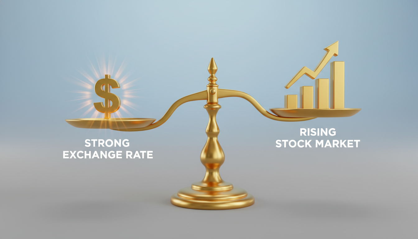 강달러 현상과 상승하는 주식 시장의 상관관계를 보여주는 3D 황금 저울 일러스트