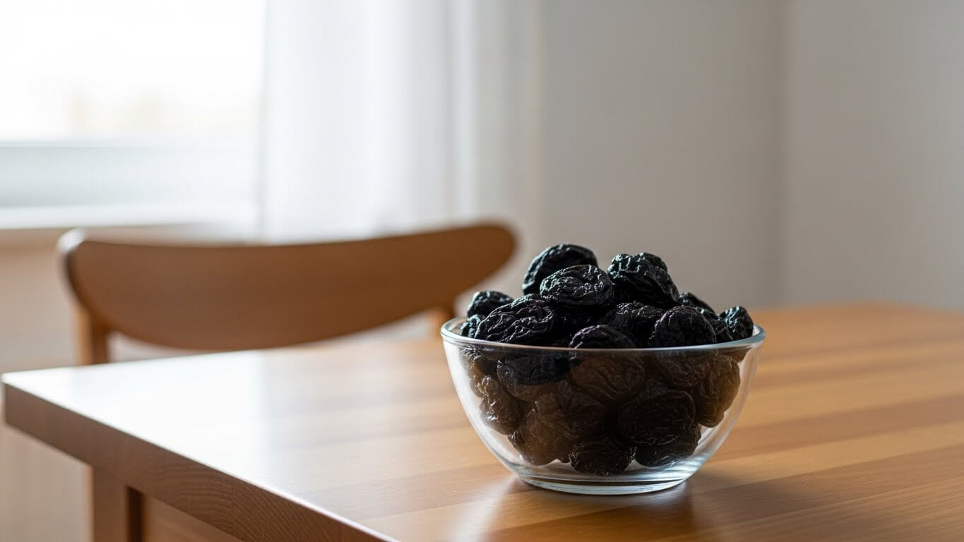 유리 그릇에 담긴 말린 푸룬이 나무 식탁 위에 놓여 있는 모습