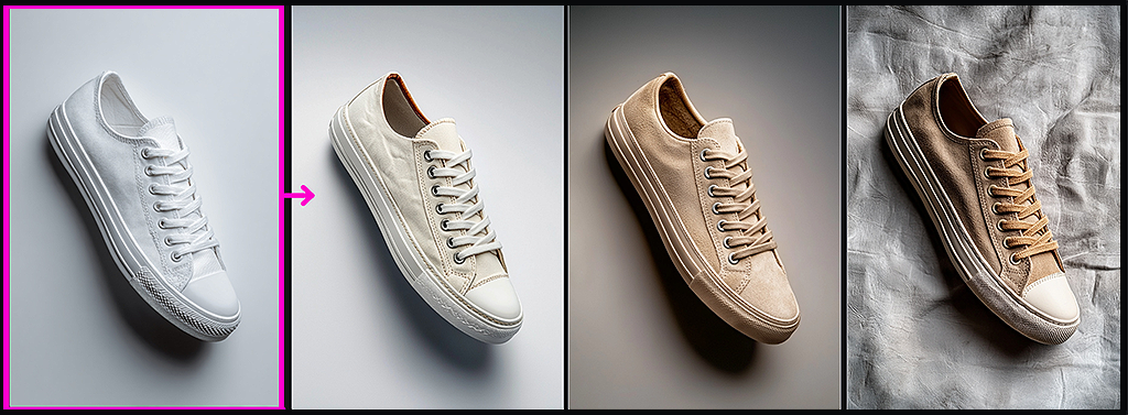 Midjourney Retexture, 흰색 스니커즈를 부드러운 스웨이드 소재로 변환한 예시_Midjourney