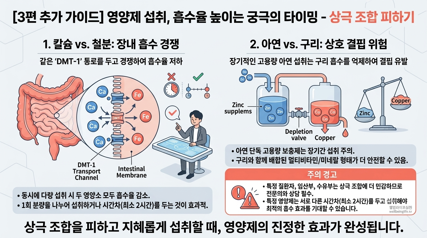 칼슘 철분 흡수 통로 경쟁 및 고함량 아연 구리 결핍 유발 상극 조합