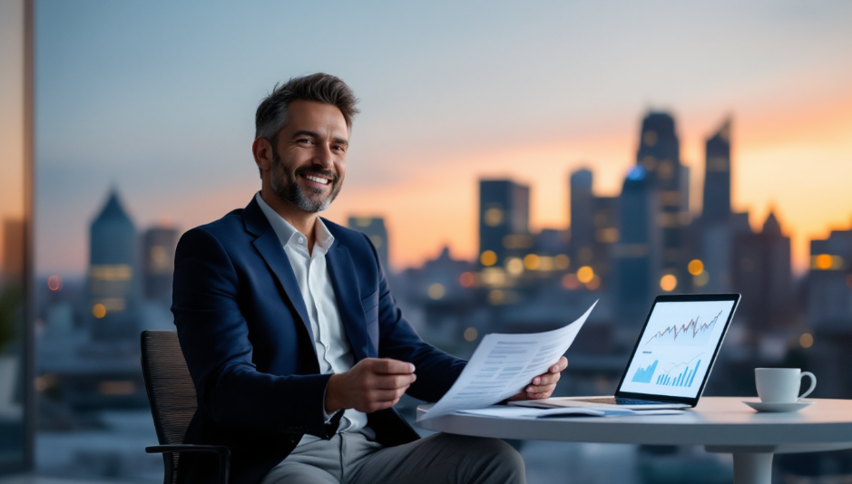 40대 직장인이 안정적인 자산 증식을 위한 재테크 노하우를 실천하는 모습