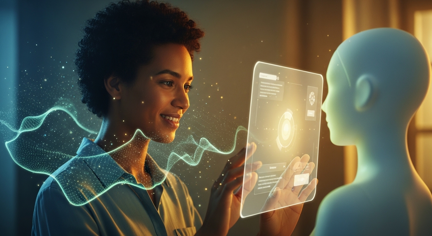사용자 맞춤형 정보를 제공하며 따뜻하게 상호작용하는 AI와 인간의 모습. ChatGPT 5.1의 고도화된 개인화 기능을 표현한 이미지.