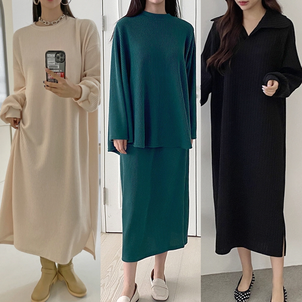 가을 겨울원피스 기모 루즈핏 니트 하객 체크 카라 빅사이즈 롱원피스 오피스룩