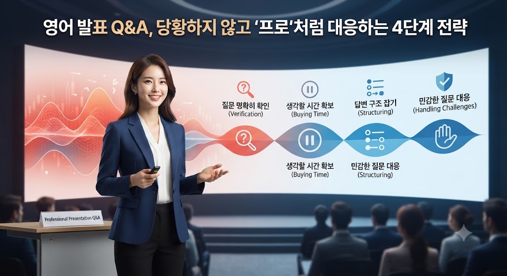 A professional guide for handling English presentation Q&amp;A, featuring a 4-step strategy: verification, buying time, structuring, and handling challenging questions.