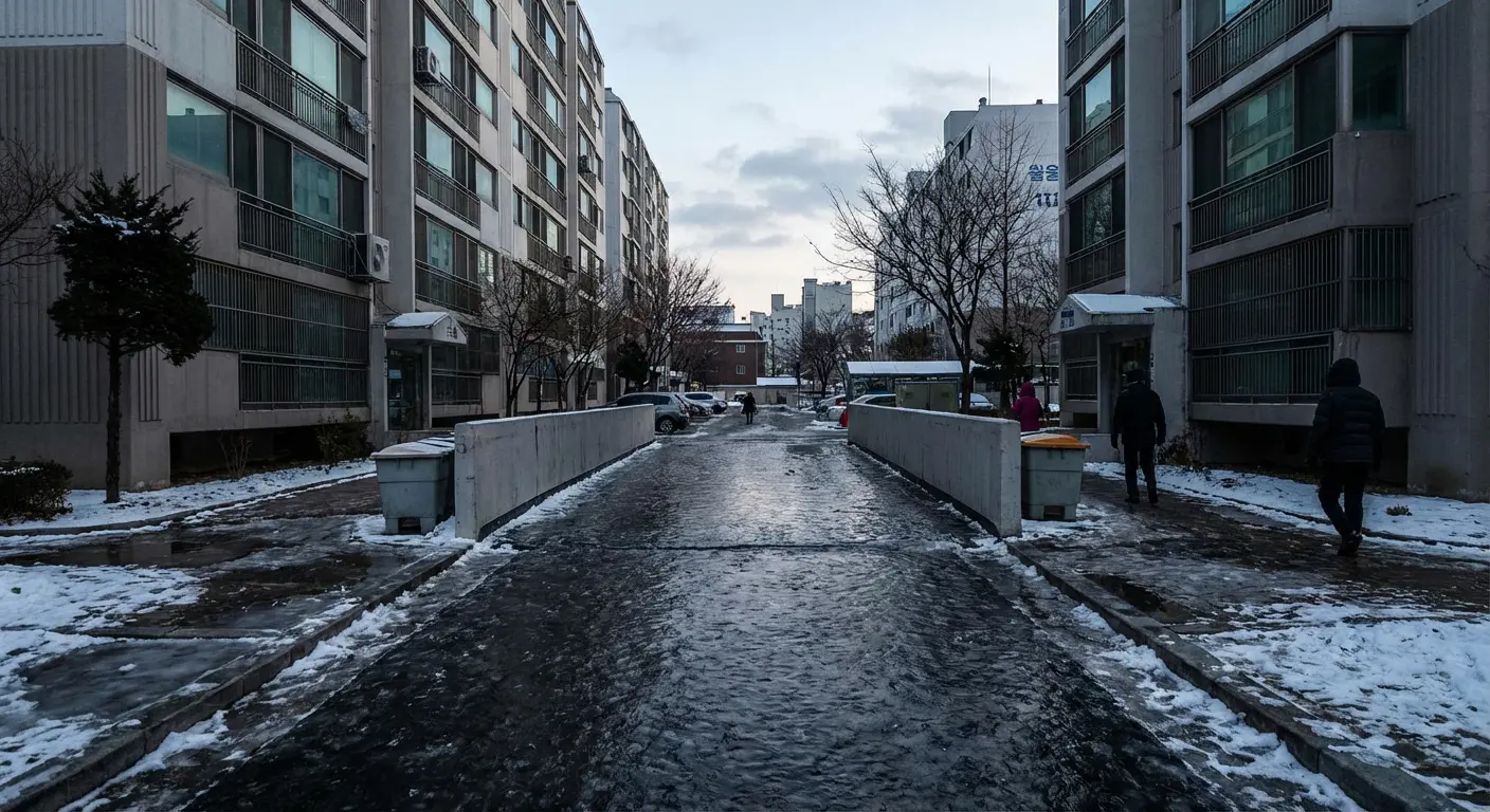 아파트 단지 그늘 지역에서 도로 표면이 얼어 블랙 아이스가 형성된 모습
