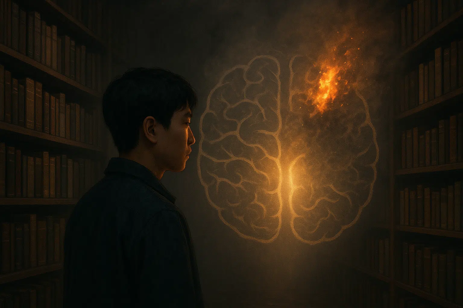 뇌의 일부가 불타는 장면을 상징적으로 표현 — 희미한 연기나 빛이 나는 표현, 인체 뇌의 손상된 영역