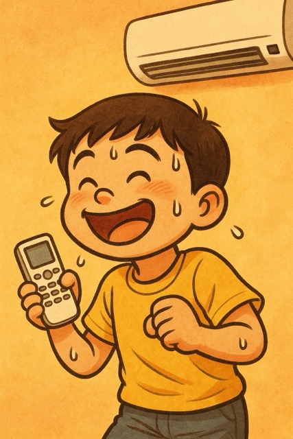 땀을 흘리며 에어컨 리모컨을 쥔 소년이 전기요금을 아껴 기뻐하는 모습을 밝고 따뜻한 만화 스타일로 표현한 이미지입니다