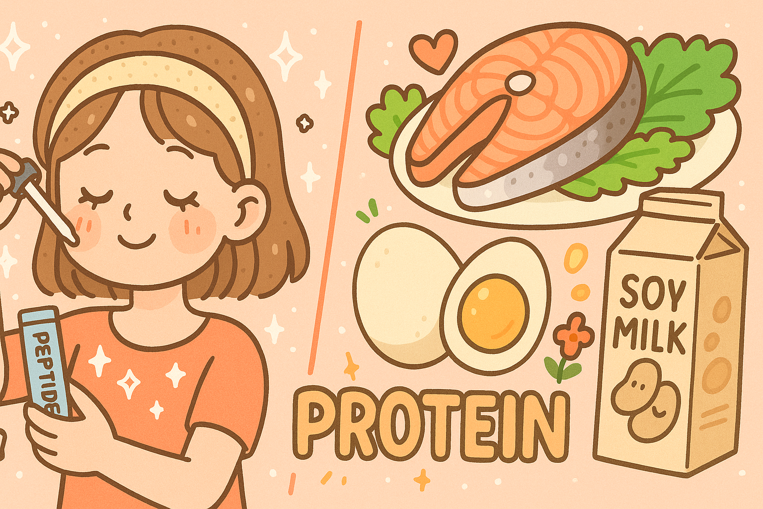 왼쪽에는 펩타이드 성분 화장품을 얼굴에 바르는 여성, 오른쪽에는 연어, 달걀, 두유 등 단백질 식품이 배치된 일러스트. 중앙에는 &lsquo;PROTEIN&rsquo;이라는 글자가 있고, 전체적으로 아기자기한 애니메이션 스타일의 구성.