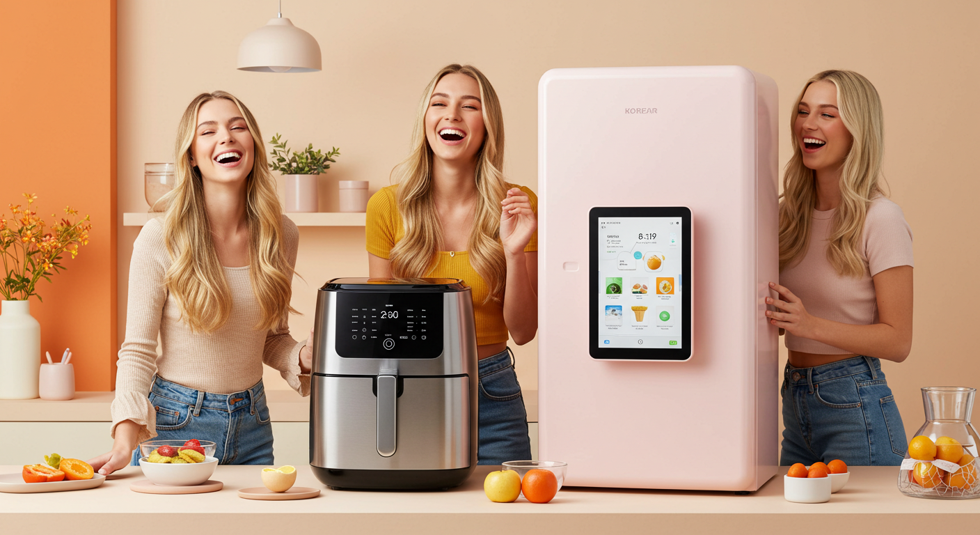 가전제품을 사용하며 즐거워하는 백인 여자 세명.