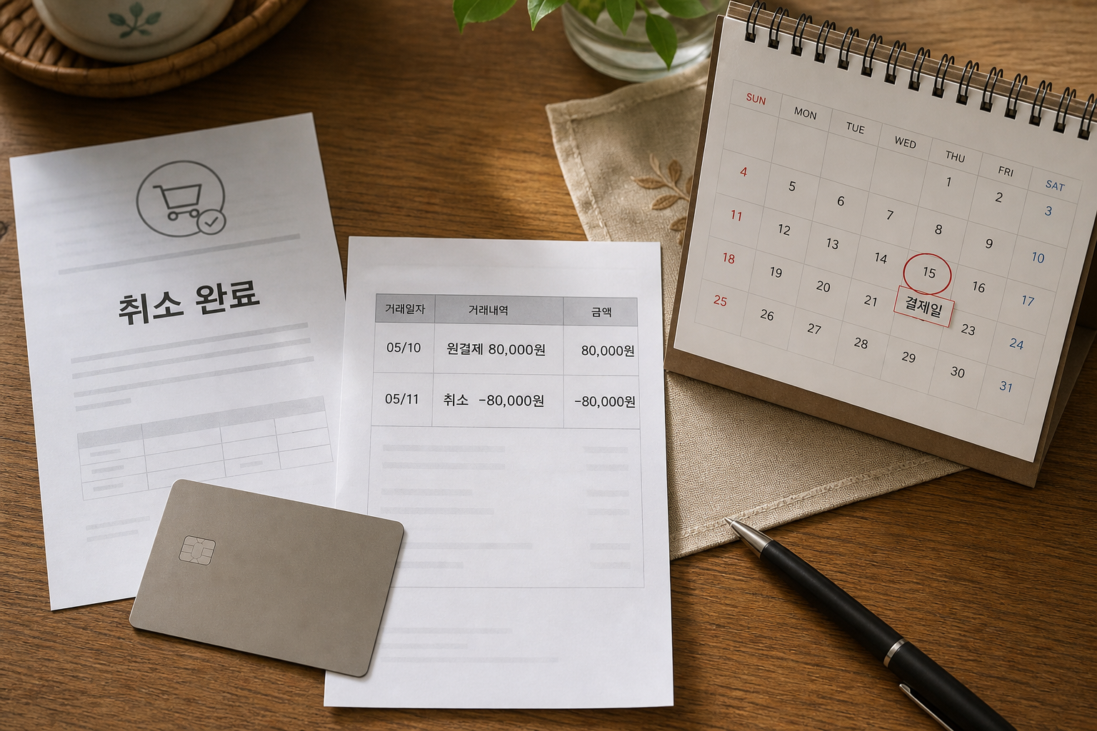 신용카드 취소 반영을 확인하기 위해 취소 완료 영수증, 원결제와 취소금액, 카드 결제일 달력을 함께 놓은 예시