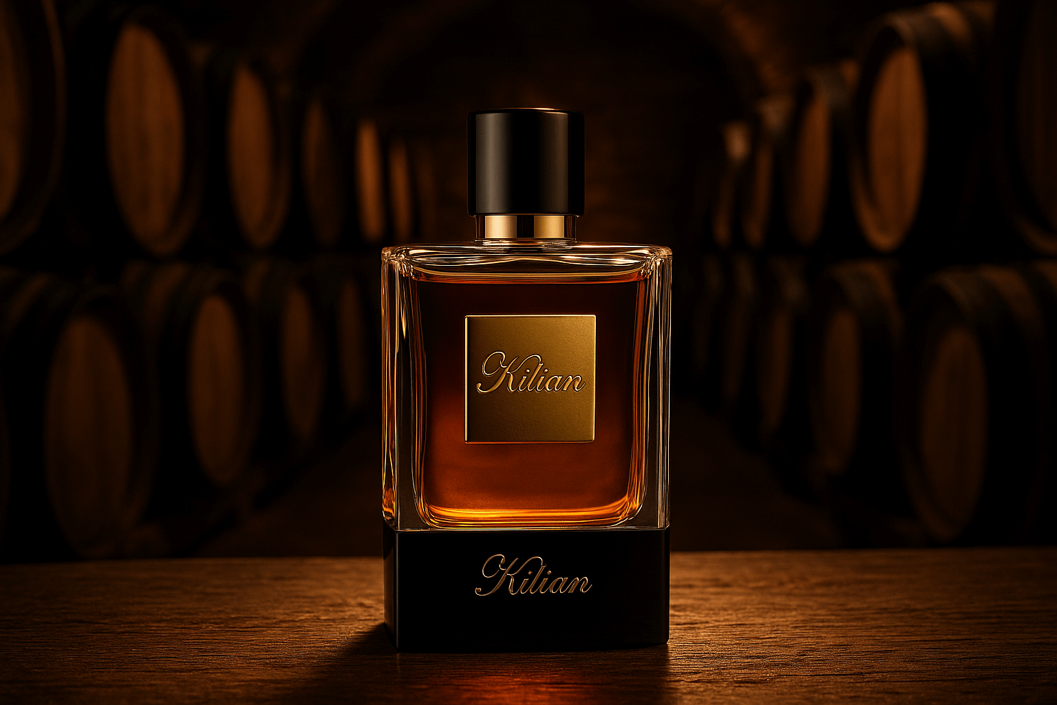 어두운 코냑 저장고의 나무 오크통 사이, 은은한 조명을 받은 킬리안 향수병이 고급스럽게 놓여 있다. 병은 검은 래커 베이스와 금속 플레이트로 마감되어 있으며, 내부의 황금빛 액체가 빛을 머금어 고혹적인 분위기를 자아낸다