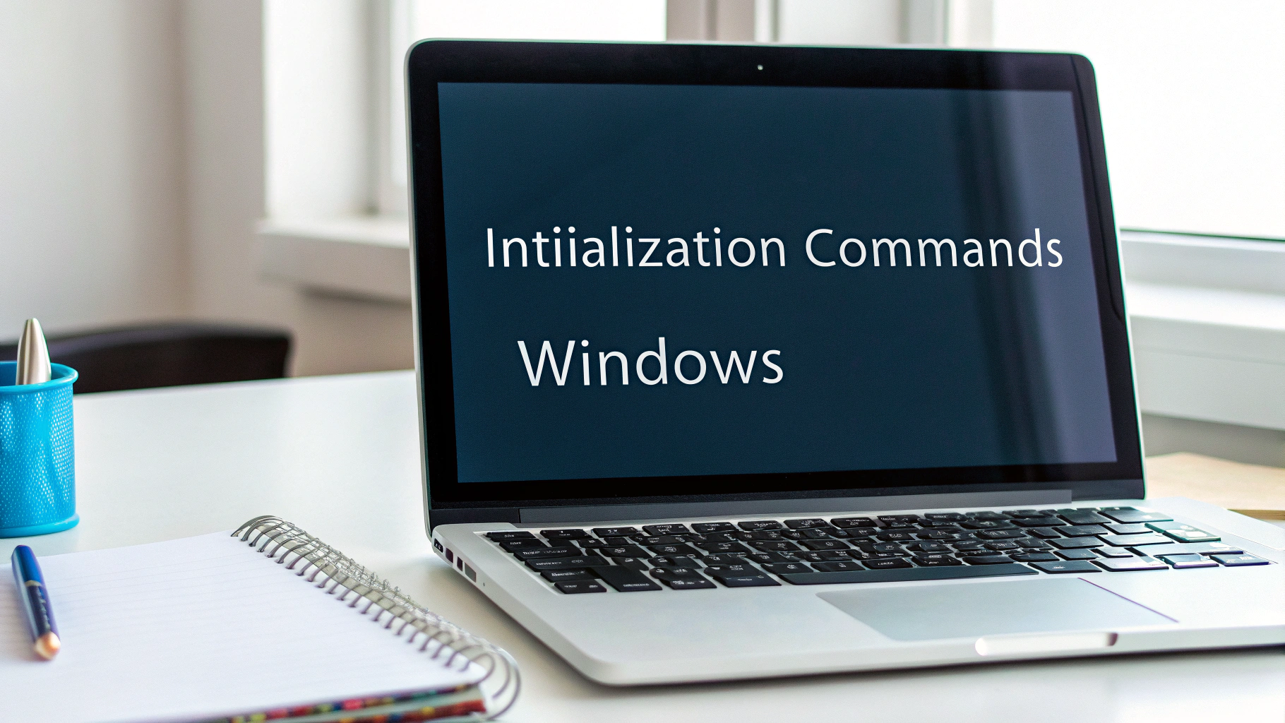 노트북 화면에 &lsquo;Intiialization Commands&rsquo;와 &lsquo;Windows&rsquo;라는 텍스트가 흰 글씨로 표시되어 있으며, 단어 'Initialization'에는 철자 오류가 있음. 노트북은 밝은 실내 책상 위에 놓여 있고, 왼쪽에는 파란색 펜꽂이와 펜이 꽂힌 노트가 함께 놓여 있음. 창문을 통해 자연광이 들어오는 조용한 작업 공간