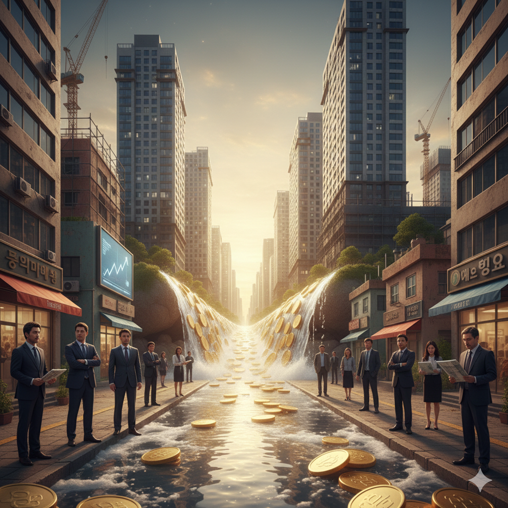 빌딩 외벽 전광판에 우상향 그래프가 흐르는 현대적인 거리에서 고층 건물 사이로 금빛 동전 폭포가 중앙 수로를 향해 쏟아지고 거리의 사람들이 신문을 보거나 대화를 나누며 화폐 가치 하락과 자산 가치 상승의 현장을 체감하는 모습이에요.