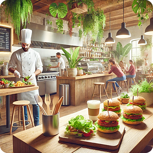 비건 카페에서 비건 버거와 샐러드를 준비하는 장면