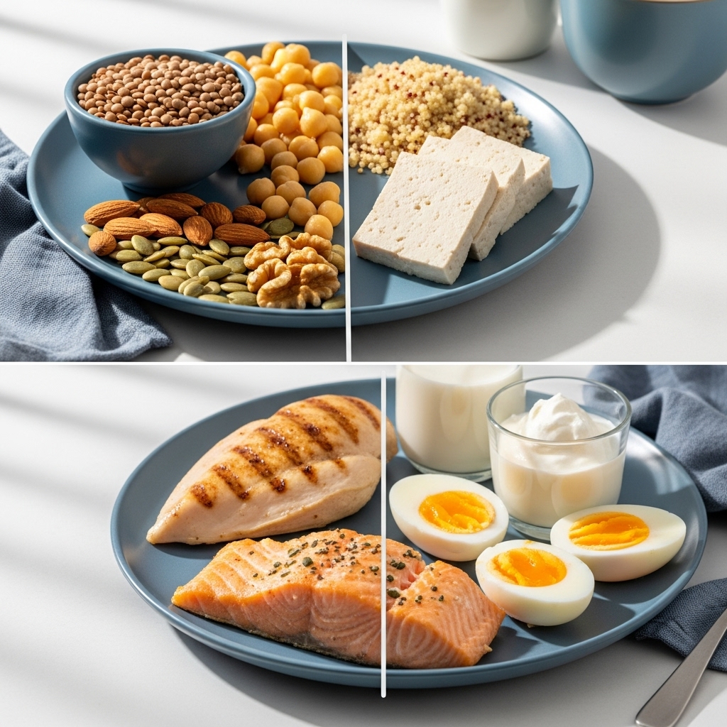 식물성 단백질(콩류, 견과류)과 동물성 단백질(닭가슴살, 생선)이 균형 있게 배열된 건강한 식단 이미지. 두 가지 단백질 섭취 전략의 장점을 시각적으로 보여줍니다.