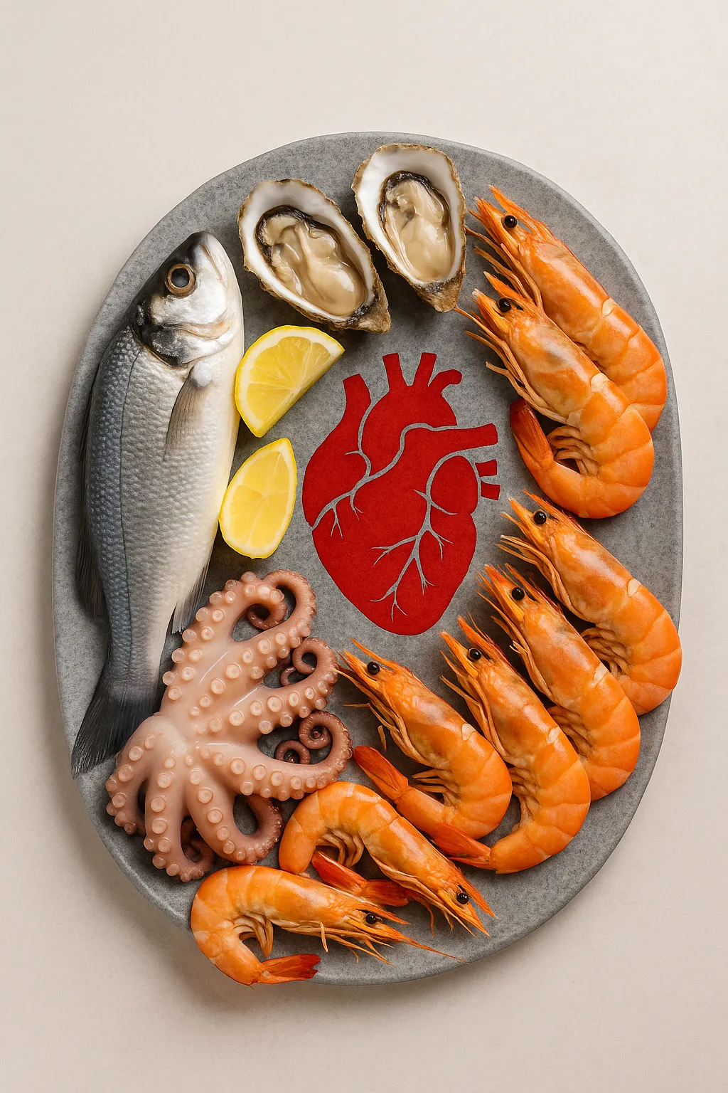 신선한-해산물(연어-새우-홍합)이-냉색-톤의-배경에-고르게-배치되어-혈액순환을-상징하는-흐르는-붉은-리본과-함께-건강하고-활기찬-혈류-개선의-이미지를-전달하는-장면