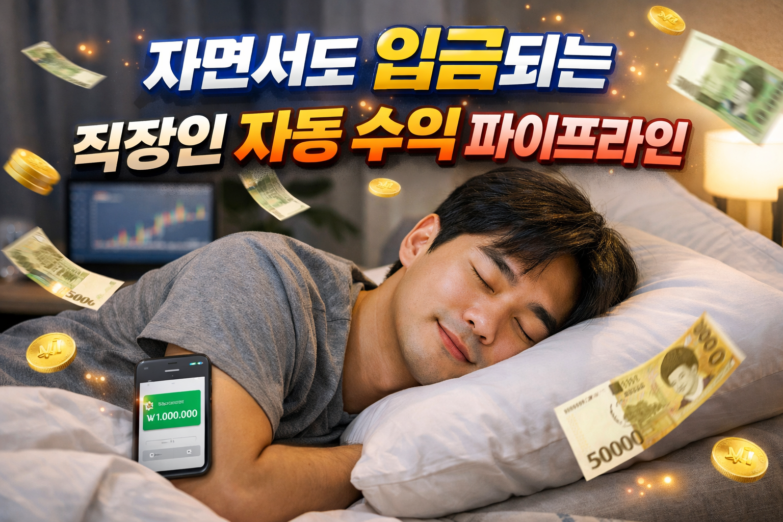 직장인이 잠든 동안에도 자동으로 입금되는 부수입 파이프라인을 표현한 실사 이미지, 자동 수익 개념 설명