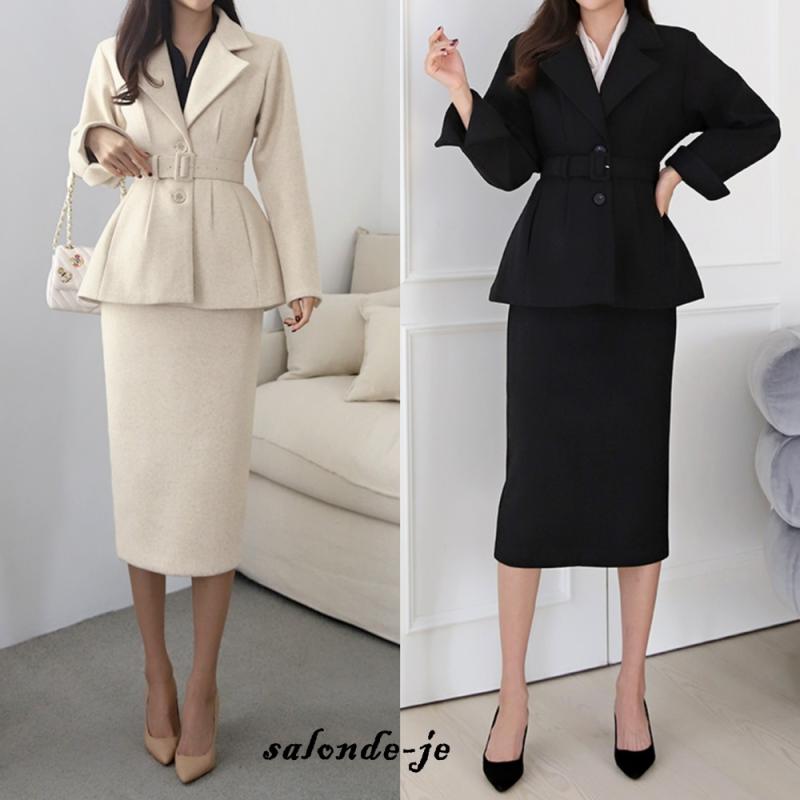여성겨울정장 치마 투피스 여자셋업 수트 벨트 명품스타일 여성정장 세트