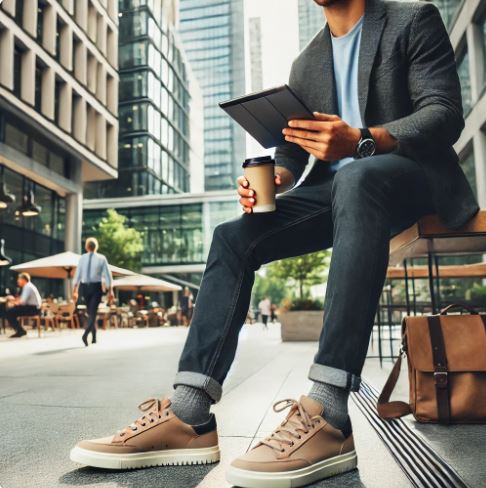 편한 운동화를 착용하고 외근 중인 직장인의 모습