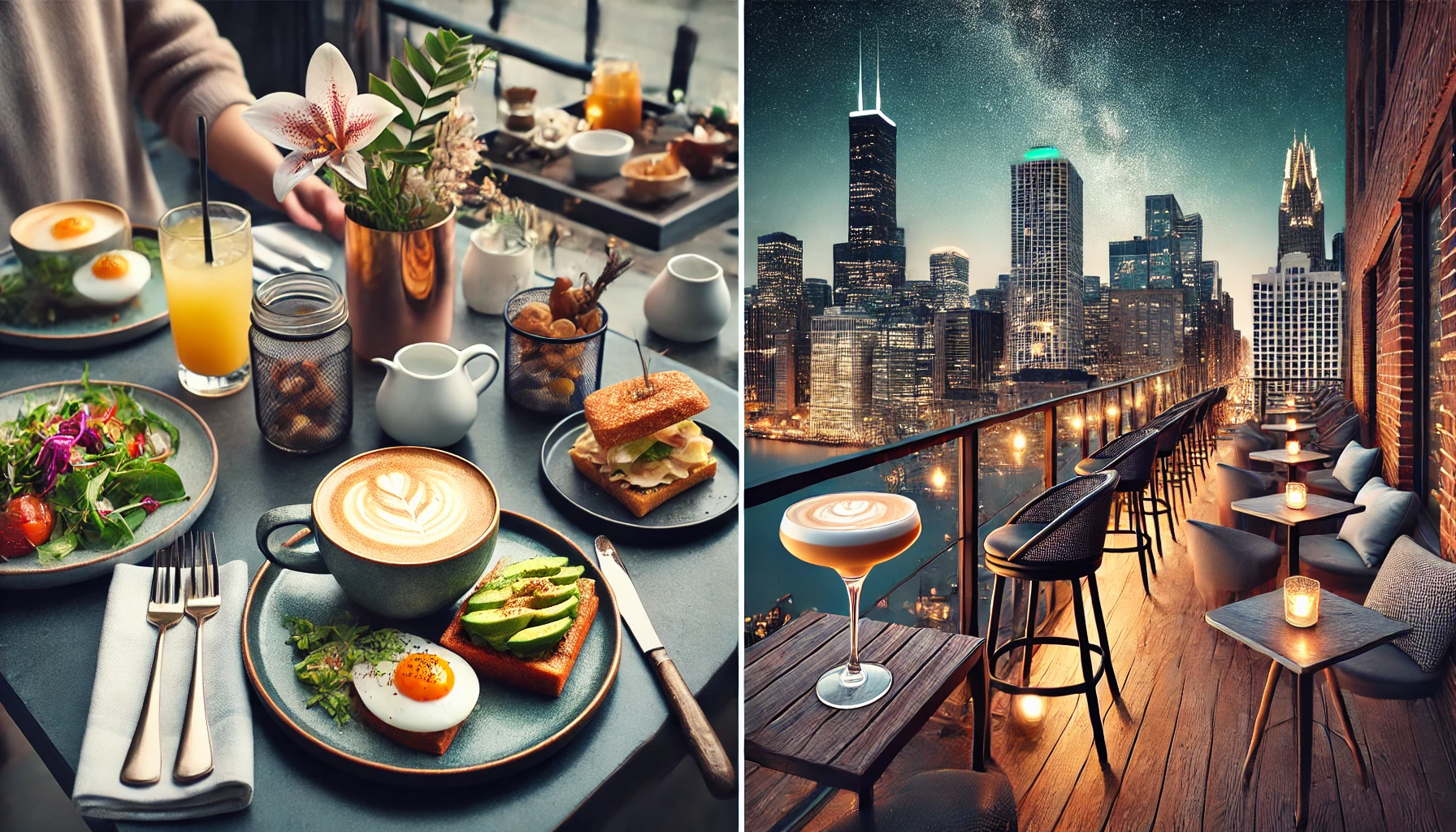 브런치 플레이트와 라떼, 시카고 도시 야경 속 루프탑 바 칵테일
