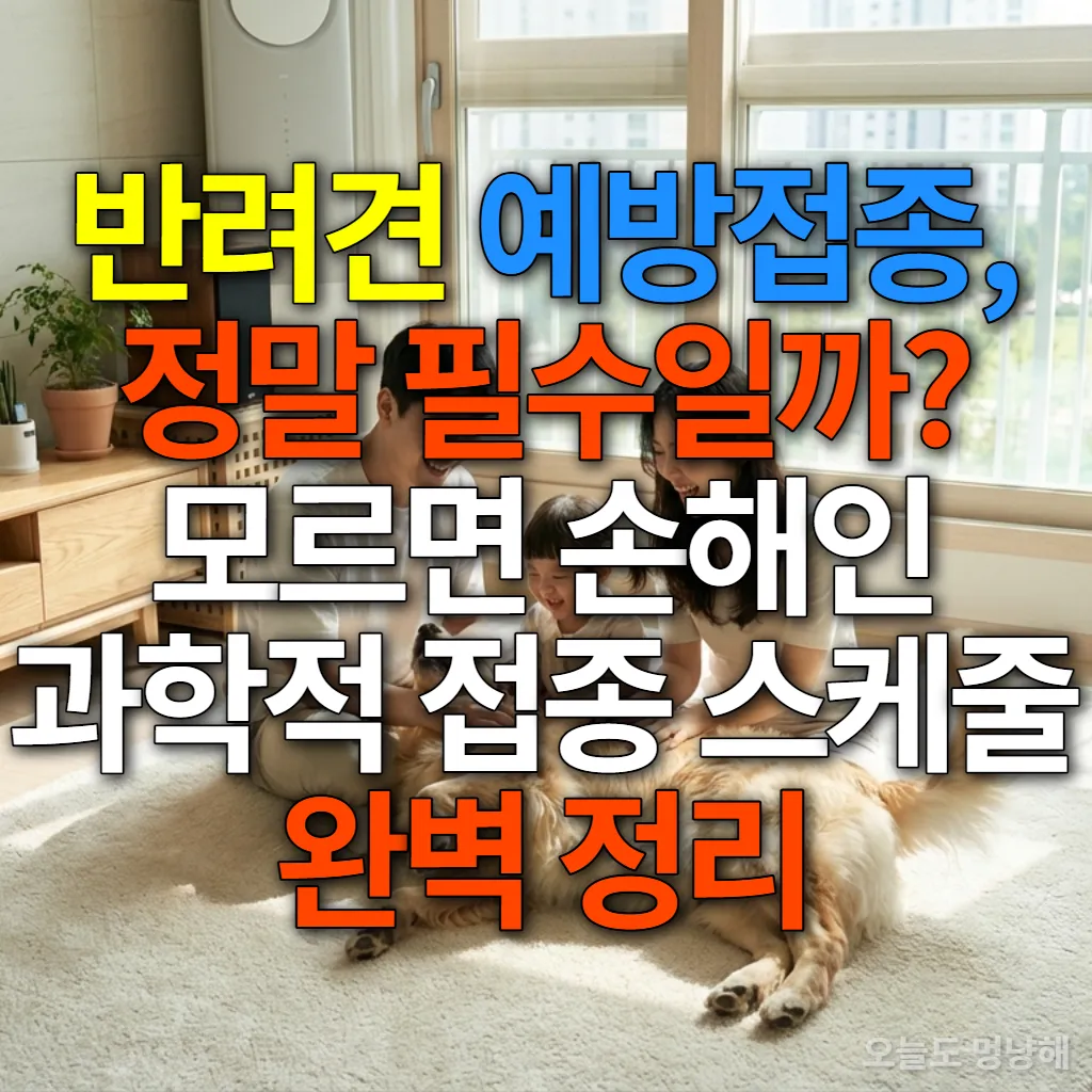 행복한 한국인 가족이 거실에서 건강한 반려견과 즐거운 시간을 보내는 모습