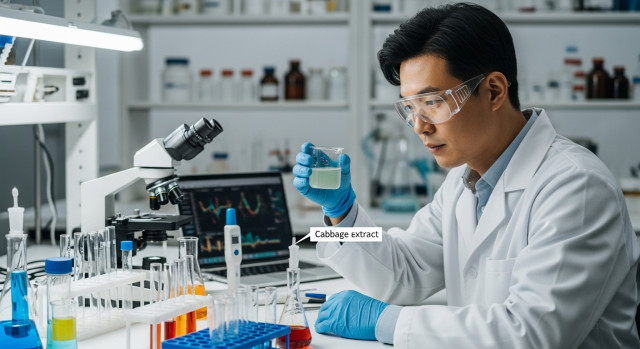 실험실에서 양배추 추출물 실험 중