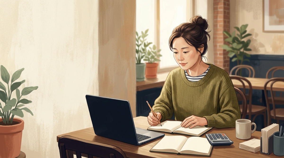 카페를 마감한 뒤 장부 두 권을 비교하는 여성 사장님의 모습