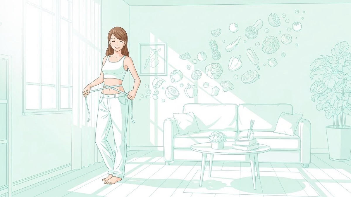 줄자로 허리 둘레를 재며 기뻐하는 모습