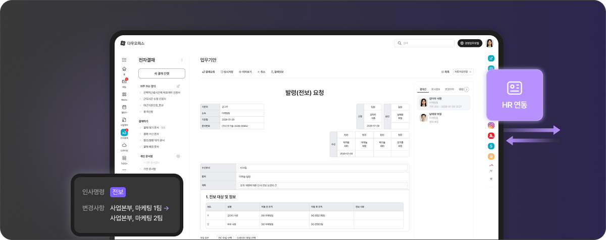 출퇴근 기록과 연차 사용 내역이 HR 데이터와 연동되어 집계되는 근태 관리 화면으로, 수기 입력 없이 자동 반영되는 구조를 보여주는 UI