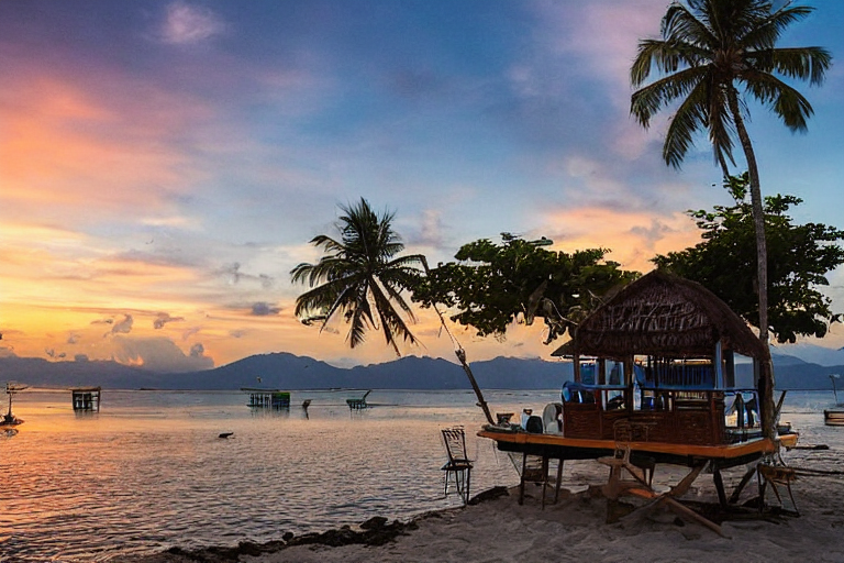 황금빛일몰-그림같은-해안선-야자수아래-해변가카페