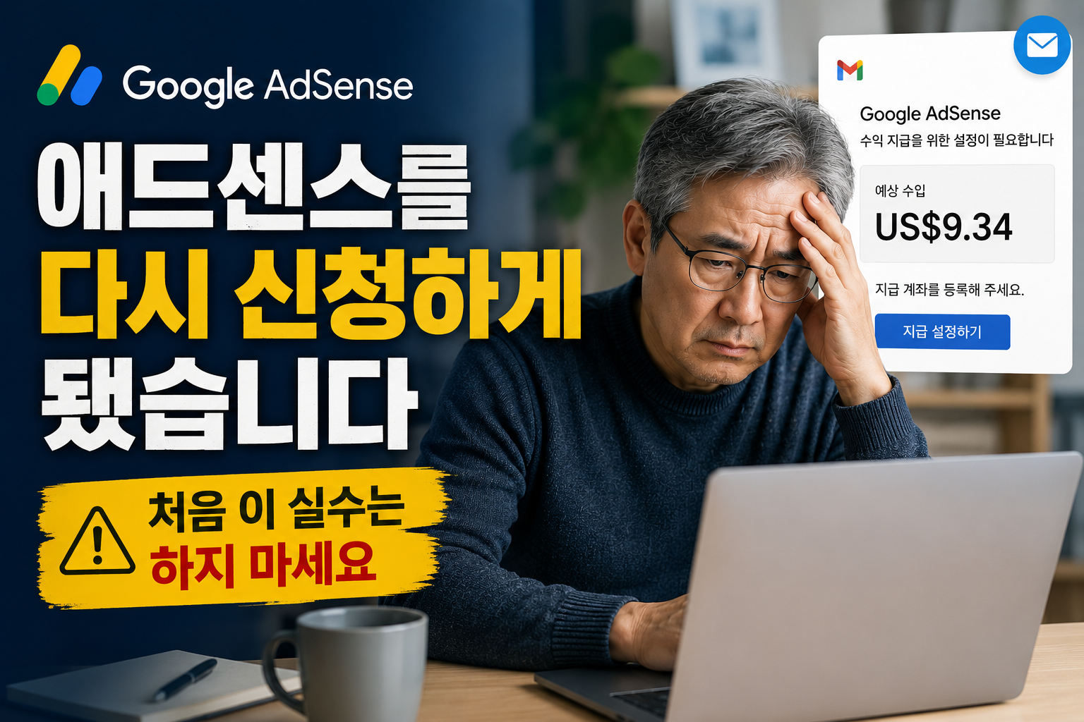 애드센스 지급계좌 등록 단계에서 계정 문제를 발견하고 다시 신청하게 된 경험을 설명하는 대표 이미지