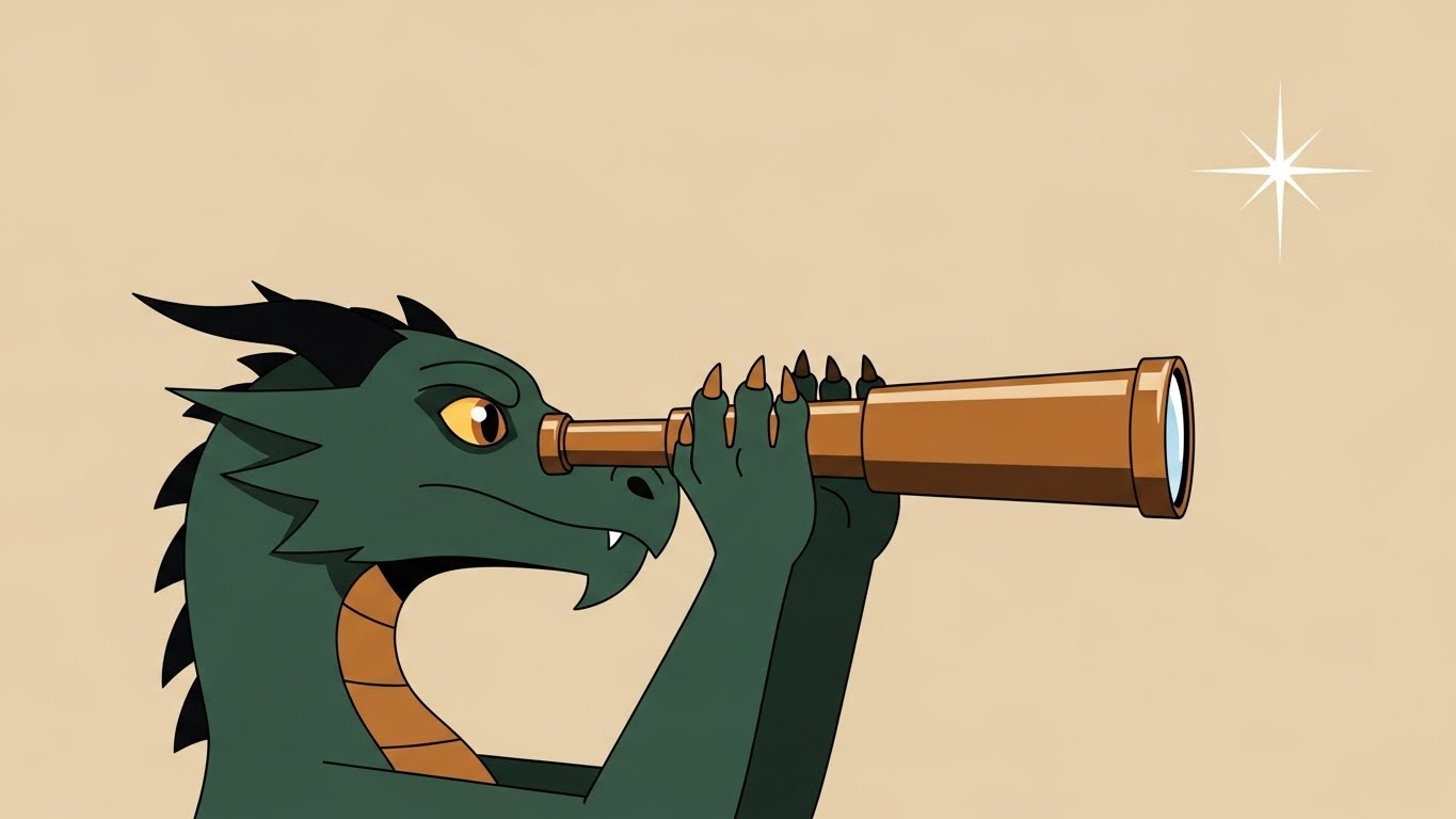 망원경으로 먼 미래를 조망하는 영리한 용 캐릭터의 2D 플랫 벡터 일러스트