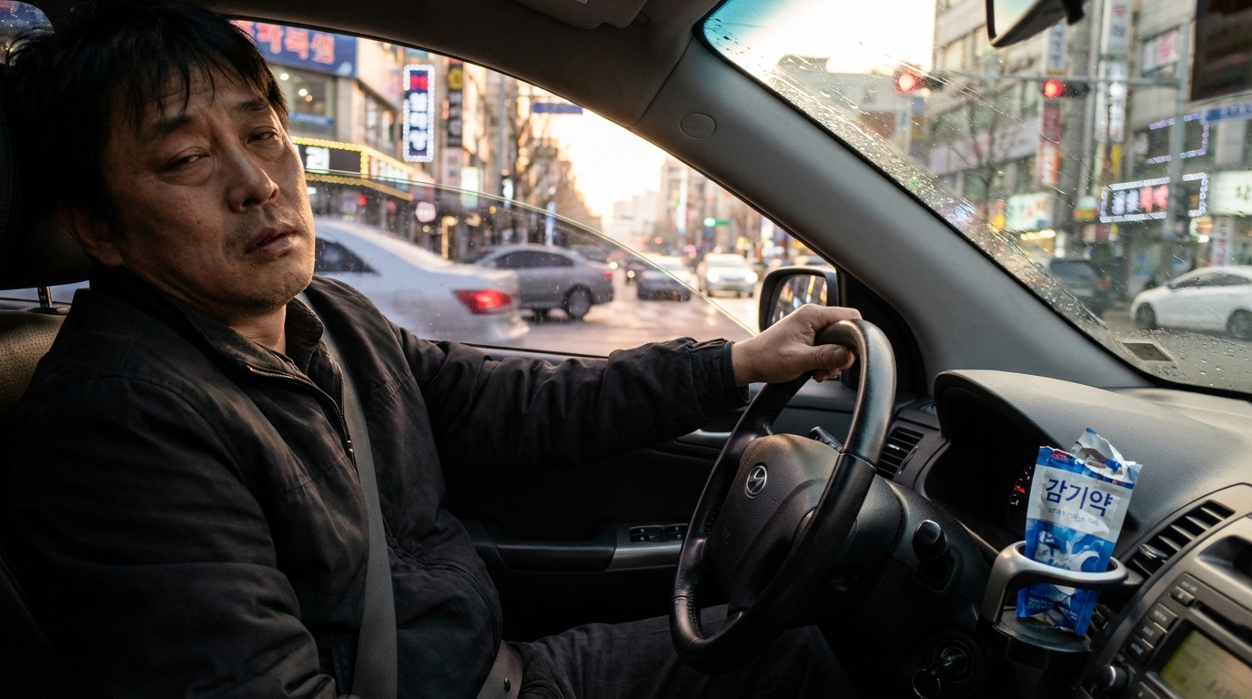 한국인 운전자가 감기약 복용 후 쏟아지는 졸음을 참으며 위태롭게 운전하는 모습 상세 묘사