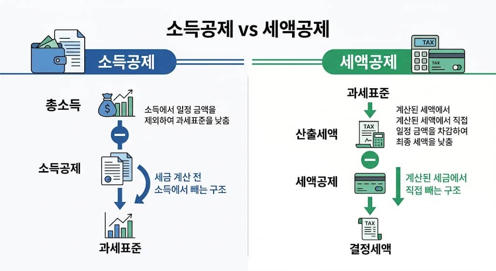 파일명: income_deduction_vs_tax_credit_korea_year_end_settlement_comparison_2026.jpg Alt 태그: 소득공제 세액공제 차이 비교 연말정산 절세 전략 직장인 과세표준 세율 구간 2026 온고지신